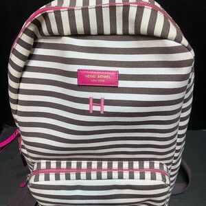 Henri Bendel Signature Brown and White striped Backpack pink lining embroidered